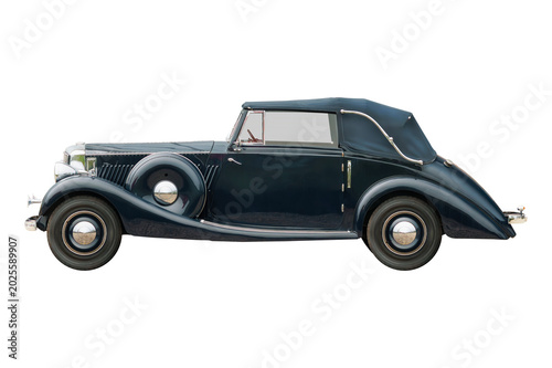 Side view of an early twentieth century blue luxury classic car