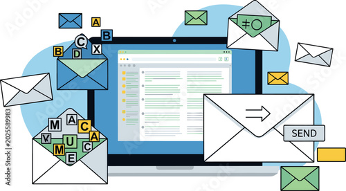 Illustration of Email marketing concept with laptop and envelopes sending messages digitally online.