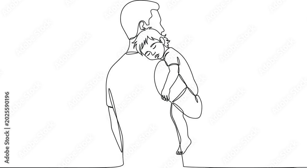 Fototapeta premium father holding baby in arms continuous line drawing