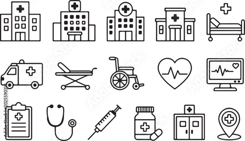 Collection of medical icons with hospitals stethoscopes syringes health symbols