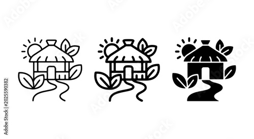 African Hut Icons, Village Dwelling Symbols, Rural House Graphics, Traditional Architecture Elements