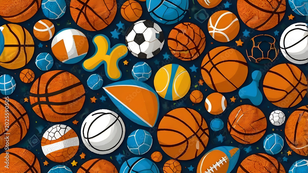 Seamless sports ball pattern with football basketball and tennis elements energetic style