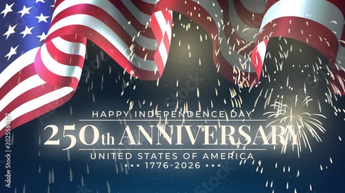 250th anniversary of USA. Festive golden fireworks. 250 years. Banner 4th of july usa independence day. Waving american flag on dark night sky. Fourth of july, national holiday. 3D animation, seamless