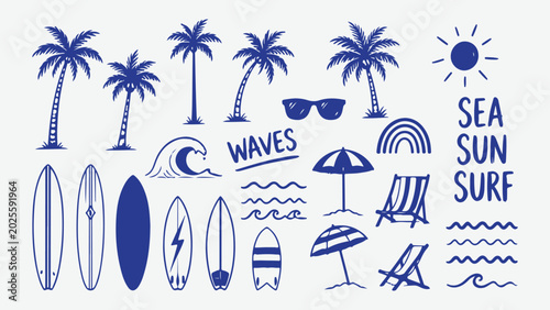 hand drawn summer and beach themed illustrations. Doodles summer collections
