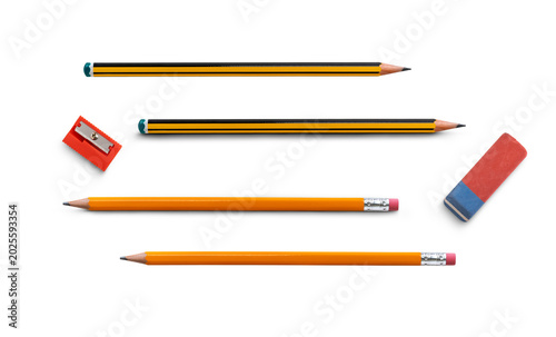 Two different traditional drawing pencils for going back to school, HB and 2h, two versions of each, one with shadow one without isolated against a transparent background.