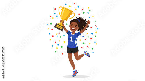 Fotografie Happy Girl Wins Trophy With Confetti