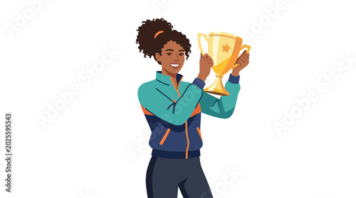 Tableau sur toile Happy Woman Holding Trophy, Celebrating Victory, Success and Achievement