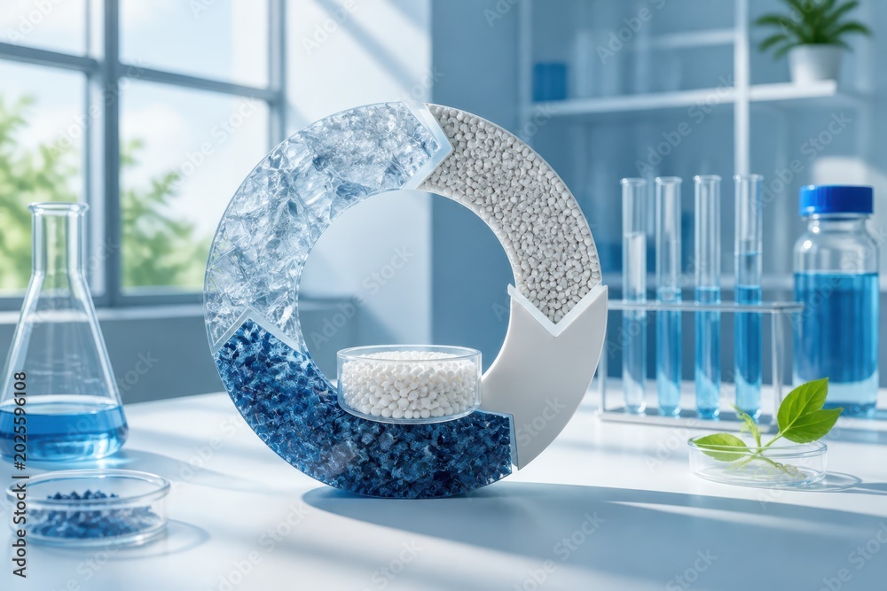 Fototapeta premium Circular laboratory concept with blue chemical materials and glassware in a bright science research environment