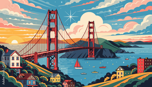 Very beautiful panoramic view of San Francisco featuring the Golden Gate Bridge, rolling coastal hills, colorful Victorian houses, and sparkling bay waters beneath a glowing sunset sky filled with 