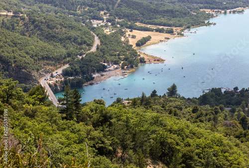 The Lake of Sainte-Croix with the Pont du Galetas seen from the outlet of the Verdon Gorge. Alpes-de-Haute-Provence, France