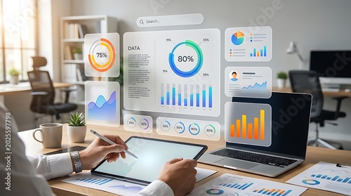 Business analyst analyzing financial data and charts on a futuristic holographic interface, interacting with a tablet in a modern office setting.