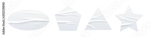 Glued white paper stickers with wrinkled texture. Crumpled labels of different shapes. Wrinkled oval, pentagon, triangle, star stickers on light background. Realistic vector illustration.