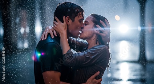 romantic couple shares a passionate kiss under the rain at night, illuminated by city lights.