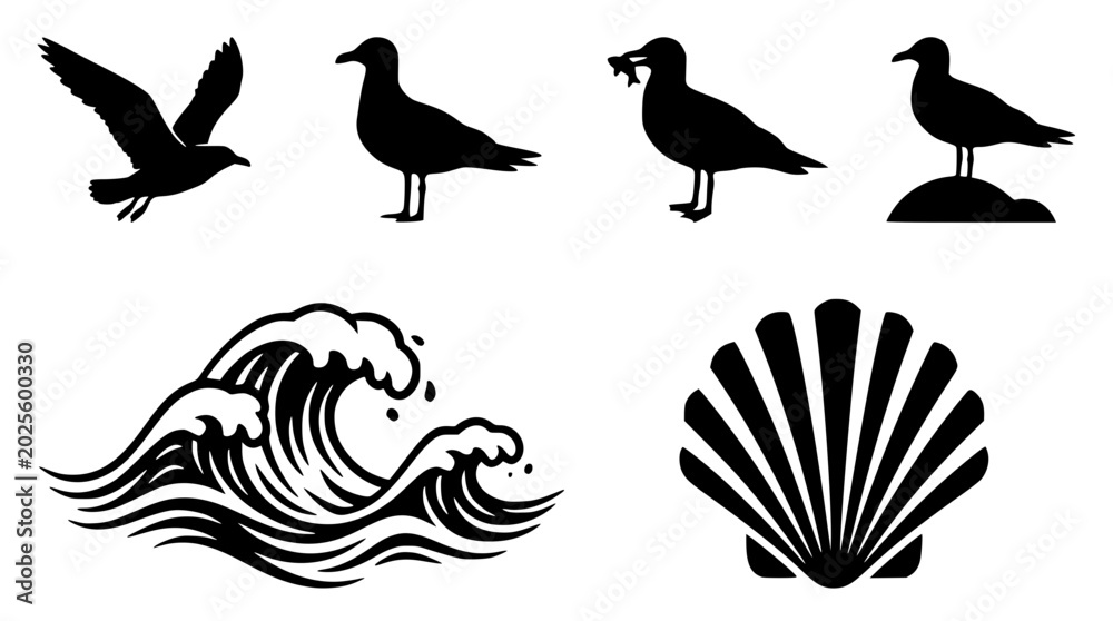 Fototapeta premium Black silhouettes of seagulls and ocean waves with a seashell