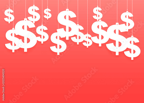 Fotografie Red background with many white dollar signs hanging on strings finance money concept