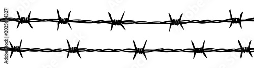 Fotografia Barbed Wire Silhouette - Black Security Fence Border with Spikes on White Backgr