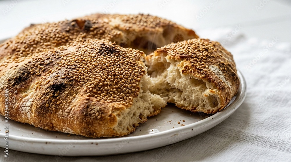 Naklejka premium Arab Bread on White Plate – Fresh Traditional Arabic Taboon Flatbread