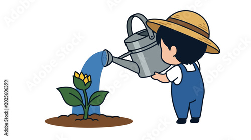 Fotografie Child Watering Flower Plant Outdoors.