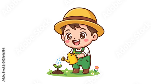 Fotografie Little boy watering small green plant.