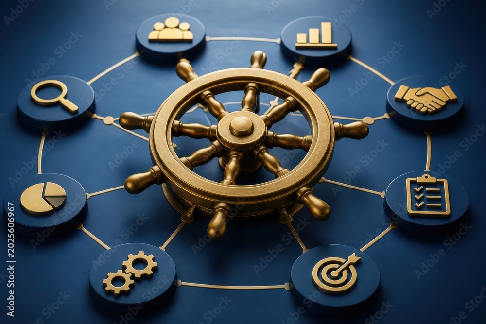 Fototapeta premium Business strategy and workflow management wheel with connected icons on blue background