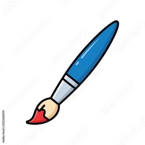 Cartoon style illustration of an artist paintbrush with red paint on the tip.
