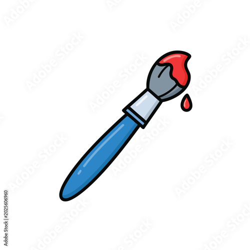 Cartoon paint brush with red paint drip illustration.