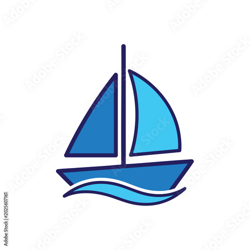 Minimalist Blue Sailboat Icon on White Background.