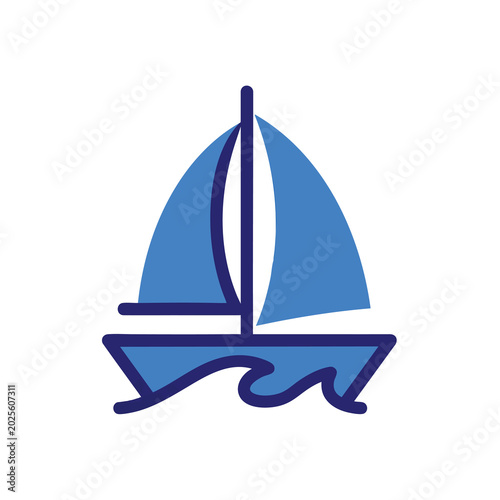 Minimalist blue sailboat icon with wavy sea lines.