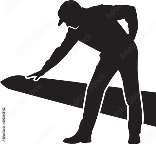 Bild auf Leinwand Man in cap examining long surfboard in silhouette illustration and summer vacati