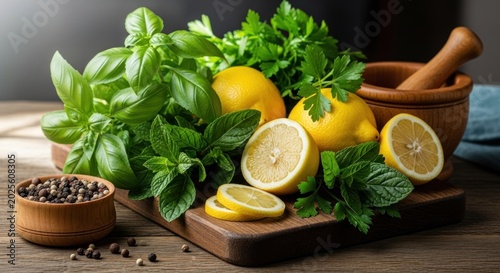 Fresh culinary herbs with lemons and wooden mortar and pestle.