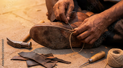 Shoemaker Hand-Stitching Leather Shoe Sole with Traditional Tools