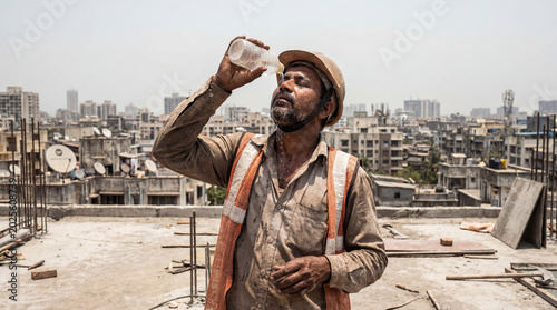 Construction Worker Cooling Off Under Hot Sun in Urban Cityscape