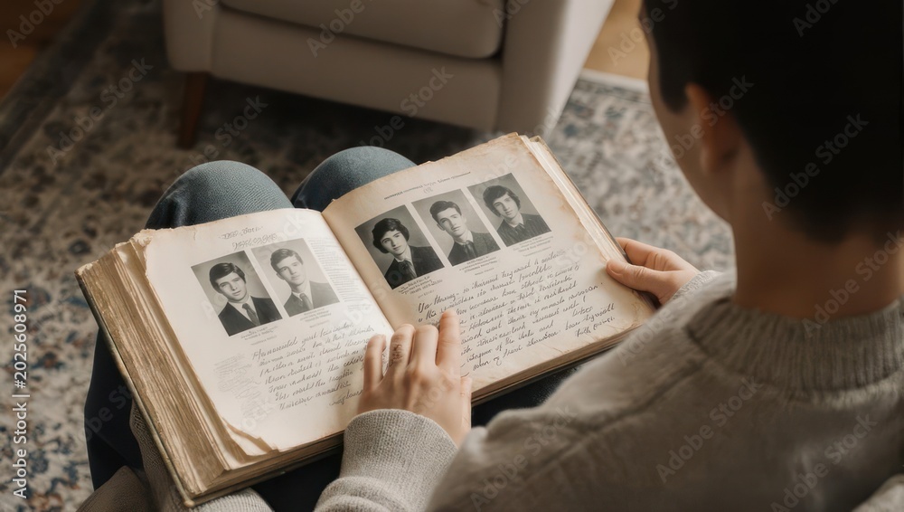 Fototapeta premium Person looking at old family photo album reminiscing about the past.