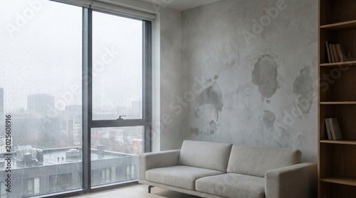 A modern living room interior with a large damp moisture patch on the grey wall next to a rainy window.