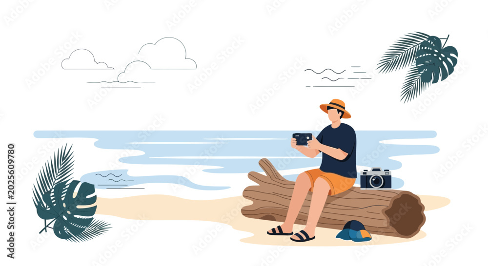 Fototapeta premium Man with camera on beach, taking photo, enjoying solo travel vacation
