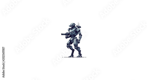 A futuristic robot with a gun standing in a dynamic pose against a plain white background with dark blue tones.