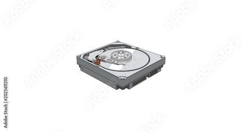 Photos High-angle view of a hard disk drive with a visible platter and actuator arm on a plain white background