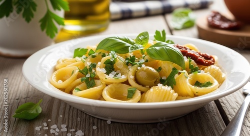 Orecchiette pasta with olives and basil in white bowl