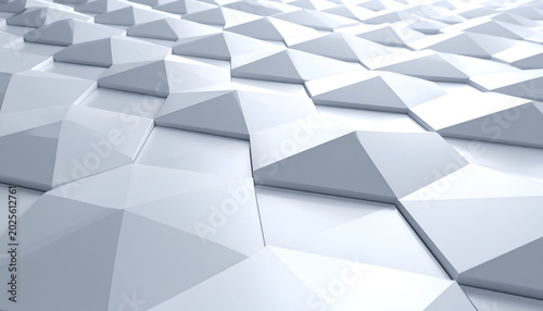 White, geometric, textured surface composed of repeating, three-dimensional triangular shapes