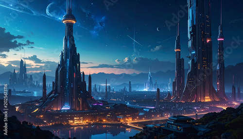 Nighttime cityscape with futuristic towers, celestial bodies & mountain range