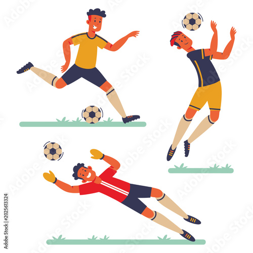 Bilde på lerret Dynamic illustration of three diverse soccer players in action, capturing the th