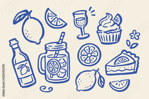 Lemonade and Lemon Dessert Set Doodle Sketch Vector