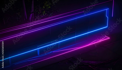 Neon blue/pink lines illuminate a dark, architectural structure, possibly a futuristic building