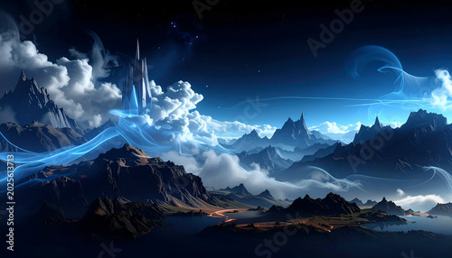 Majestic landscape with jagged mountains, glowing energy, and swirling clouds under a starry night