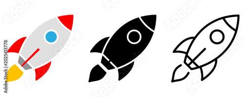 Set of launching rocket icons. Graphic set made in color, black, and outline versions. Vector illustration.