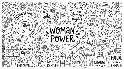 woman power concept with feminist doodles and symbols