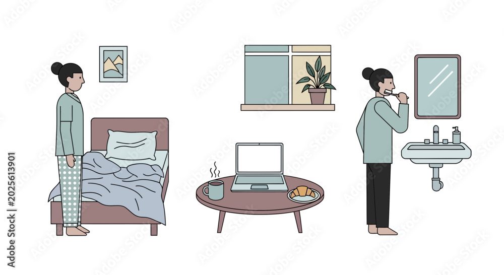 Obraz premium Morning routine: waking up, working from home, and personal hygiene