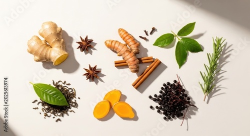 Still life of aromatic spices and herbal tea ingredients.