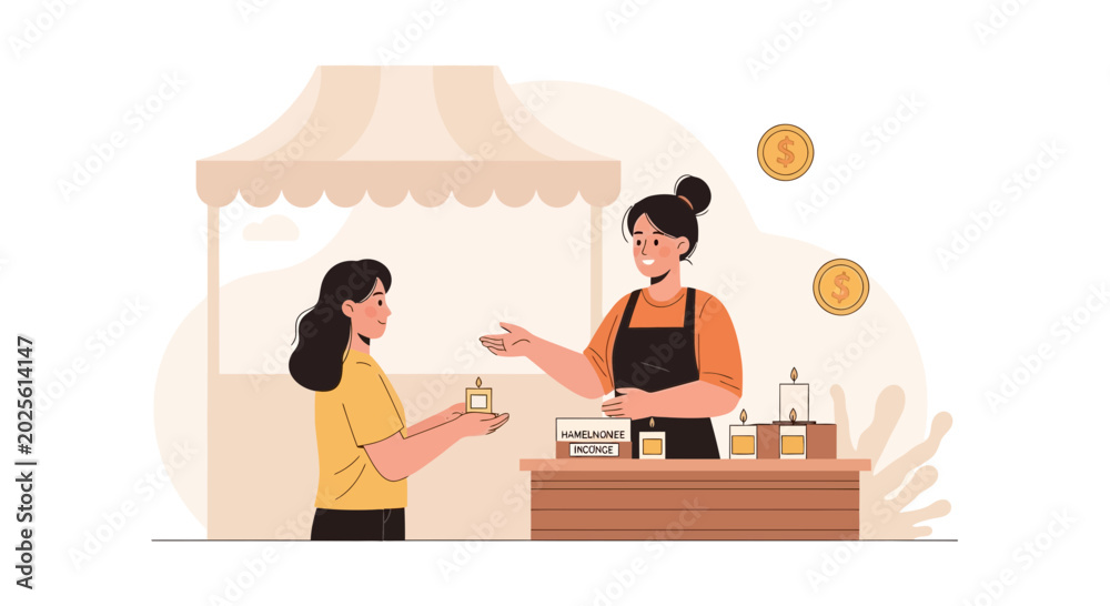 Fototapeta premium Woman selling handmade candles at a market stall to a customer