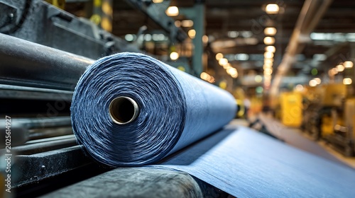 Large Roll of Blue Fabric in a Textile Factory Production Line.